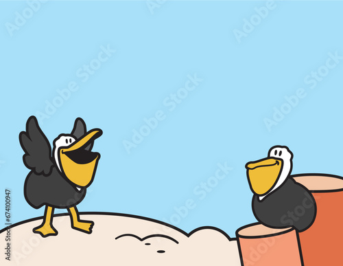 Two Cute Pelicans Hanging Out on Some Sand and Dock Pilings Vector illustration