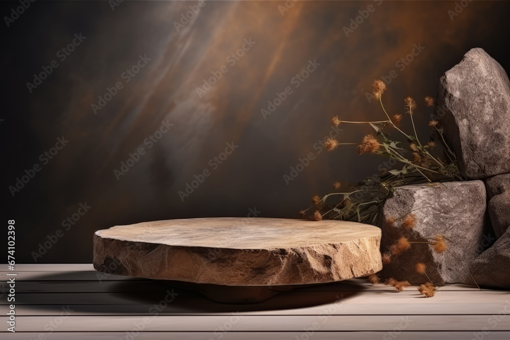 Empty round concrete round platform podium for cosmetics or products with stones and dry plants on brown background. Minimalistic background with natural materials, dark colors. Front view