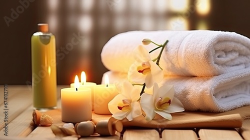towels with flowers and candles, spa concept