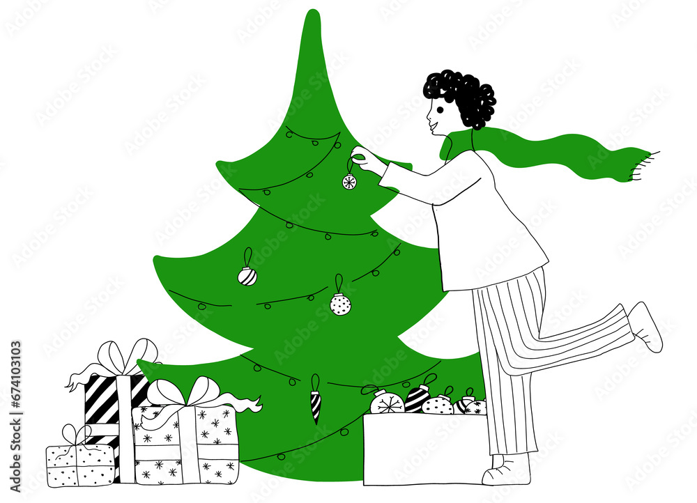 Vector card man decorating the green Christmas tree Vector card man decorating the green Christmas tree