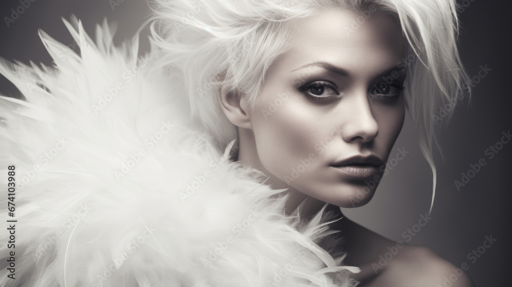 Fashion portrait of a young beautiful extreme blonde with a fashionable hairstyle wearing feather clothes. Fashion and beauty.