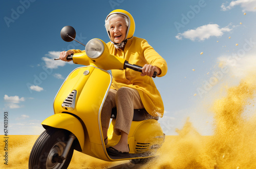 Cheerful and modern senior woman riding a vintage yellow scooter across the city streets
