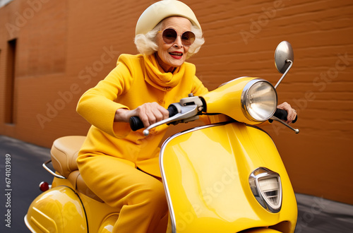 Cheerful and modern senior woman riding a vintage yellow scooter across the city streets © Uros