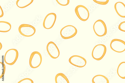 Fried onion rings seamless pattern. Unhealthy crunchy snack. Falling Pieces of Food. Roasted vegetable. Fast food. Color image, yellow shades. Vector illustration.