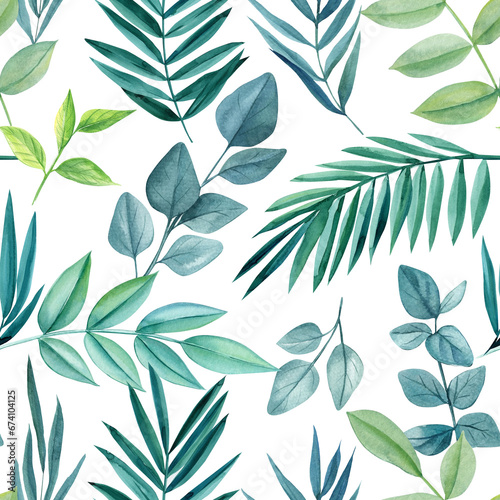 Tropical seamless pattern with leaves and flowers. Floral design for fabric, decor. Watercolor illustrations