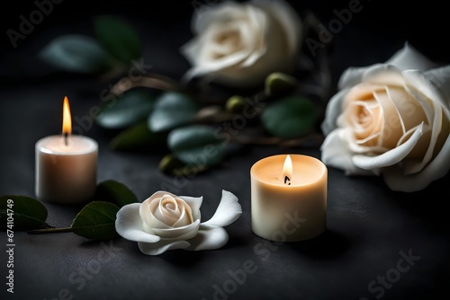candle and white rose with dark background 