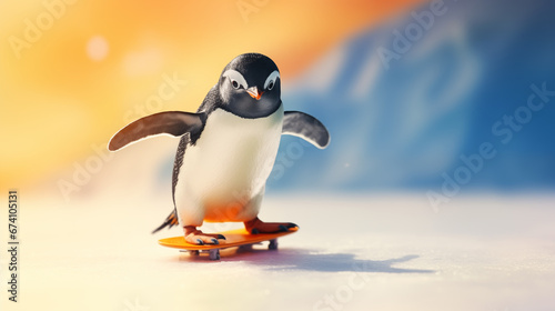 A penguin waiter sliding on ice to deliver drinks, anthropomorphic animals, blurred background, with copy space