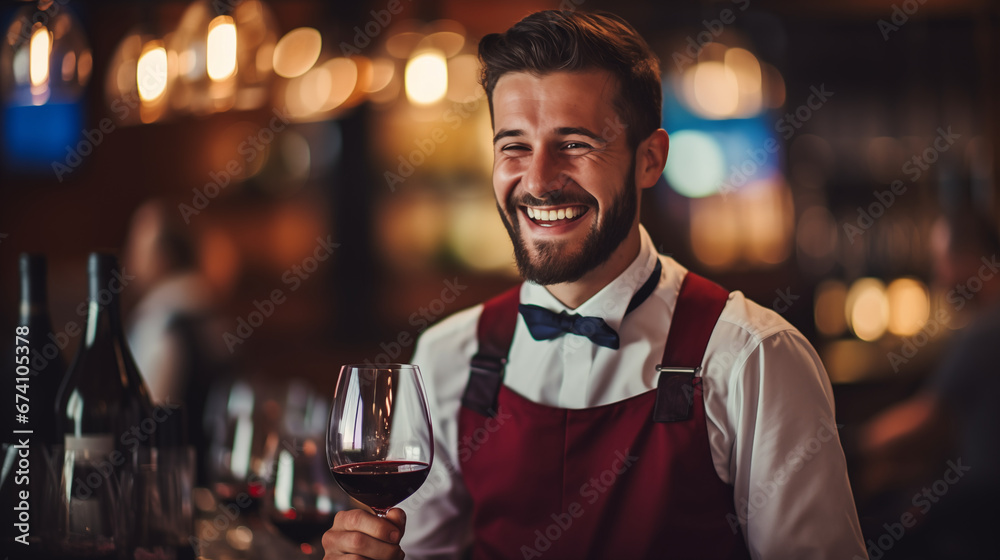 A waiter pouring red wine into a glass with a smile, waiter in a restaurant, blurred background, with copy space
