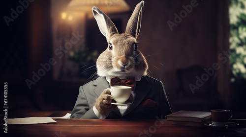A dapper rabbit in a suit and monocle sipping tea, anthropomorphic animals, blurred background, with copy space