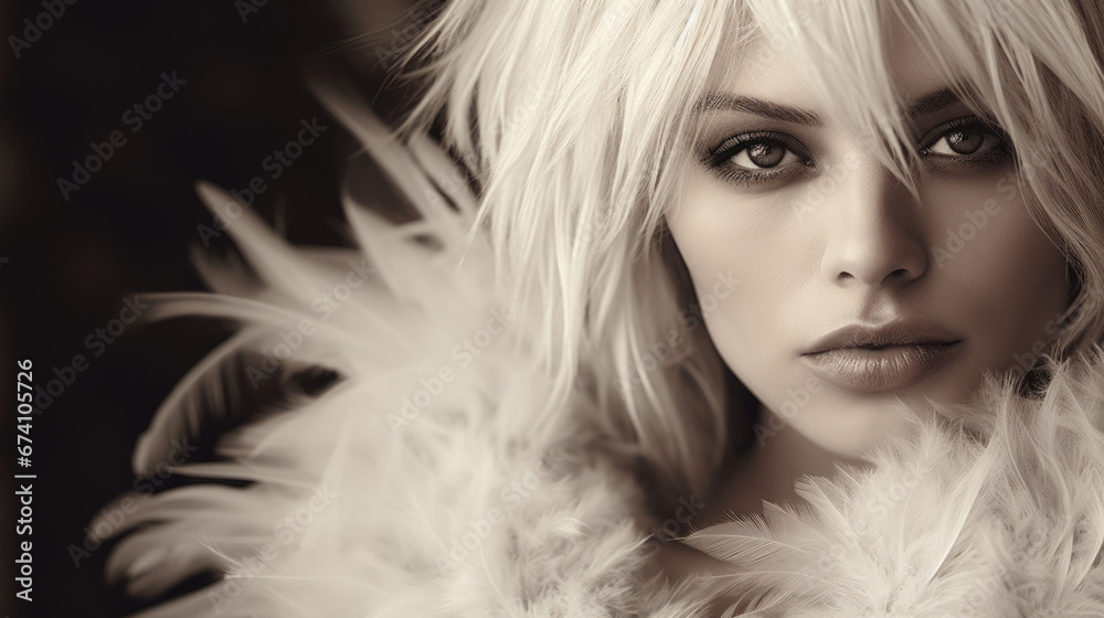 Fashion portrait of a young beautiful extreme blonde with a fashionable hairstyle wearing feather clothes. Fashion and beauty.