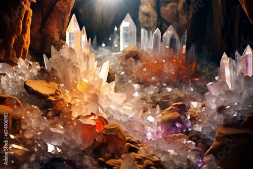 Quartz crystals, precious stones litter cave interior. Generative AI