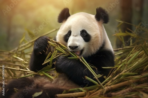 Huge panda snacking on bamboo. Generative AI
