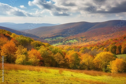 Scenic autumn landscape with hills and mountains displaying changing colors. Generative AI