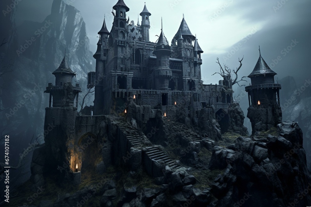 3D depiction of an ancient vampire castle. Generative AI