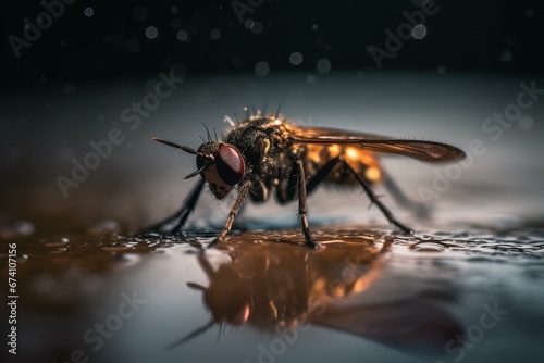 a macro view of an insect on a wet surface. Generative AI