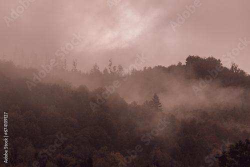 Silhouette of dark mountains and forest in mystical landscape. Mystical landscape. Fog in the mountains. Silhouettes of mountains. Morning mist in the forest among the hills. Gloomy mood.