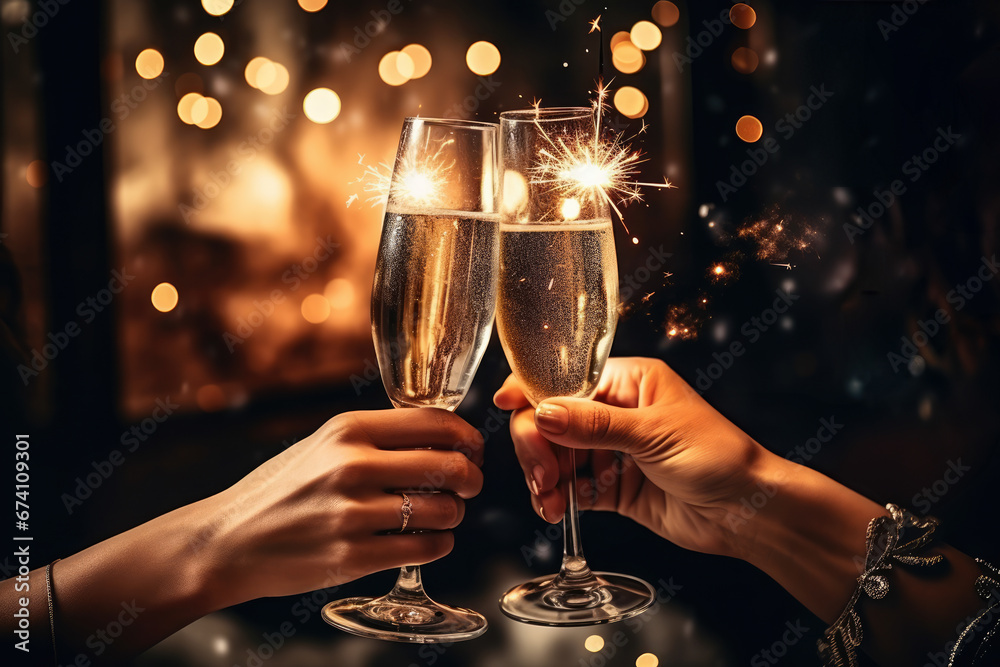 People celebrating Christmas of New Year with sparkling wine of champagne.