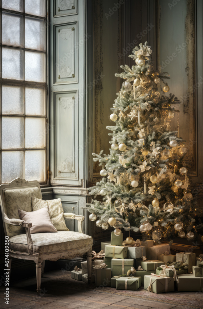 Christmas tree with gifts in a stylish interior. Christmas or New Year celebration concept.