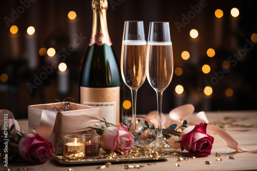 Glasses of sparkling wine or champagne served on the table next to a gift box with jewellery for Christmas or New Year eve celebration.