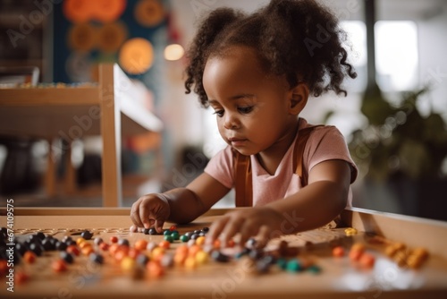 Close up of a black-skinned preschooler girl engaging in a sensory play activity, exploring colorful textures and materials, tactile objects. Generative AI. photo