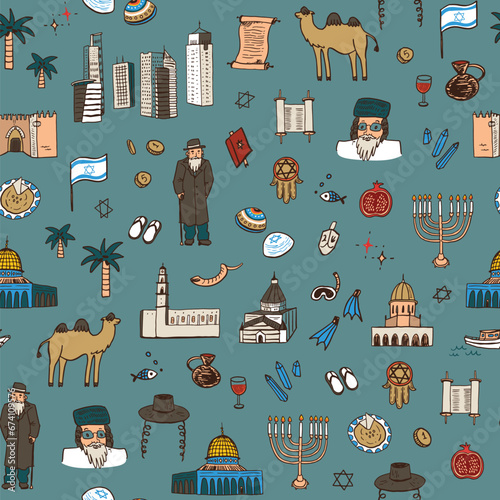 Travel Israel landmarks vector seamless pattern.
