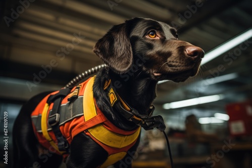 A scent detection dog at work, using its keen sense of smell to locate hidden objects, illustrating the incredible abilities and training of dogs in tasks such as search and rescue. photo