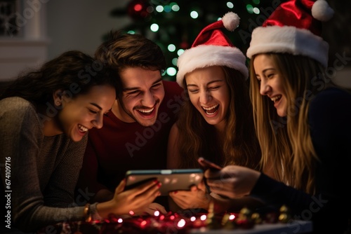 A group of friends joining in a Secret Santa gift exchange, capturing their reactions and joy as they open and share their surprises.