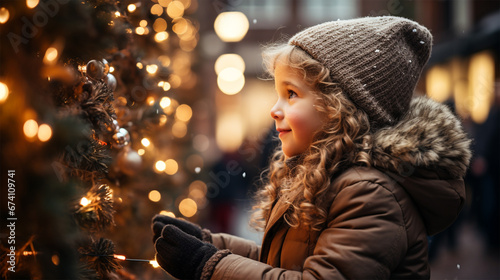 A joyful girl examines with interest a shop window decorated with illumination on Christmas Eve. 