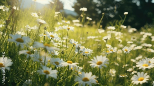 Banner with chamomile field