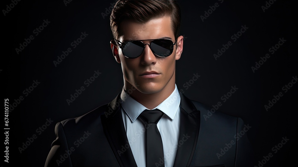 Close-up portrait of a serious male businessman wearing a suit, tie and sunglasses. A confident and elegant man in the role of a spy, politician or security guard. Illustration for cover, advertising. Close-up portrait of a serious male businessman wearing a suit, tie and sunglasses. A confident and elegant man in the role of a spy, politician or security guard. Illustration for cover, advertising.