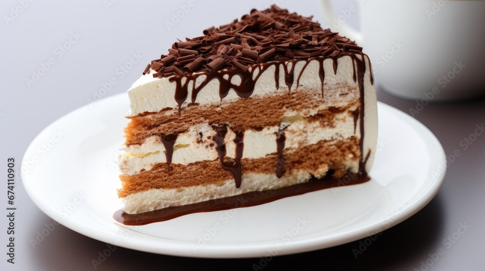 A piece of cake made from layers of biscuit with a cream layer. Fresh appetizing dessert. Illustration for cover, postcard, postcard, interior design, decor, advertising or marketing. A piece of cake made from layers of biscuit with a cream layer. Fresh appetizing dessert. Illustration for cover, postcard, postcard, interior design, decor, advertising or marketing.