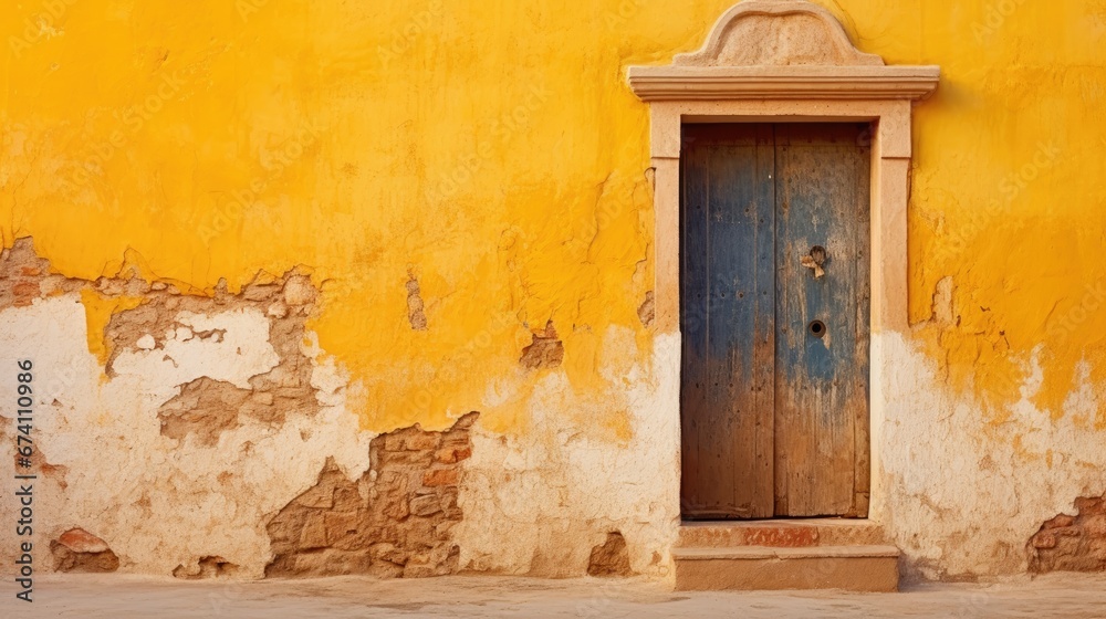Fototapeta premium The dilapidated wall of the building and the wooden door require major repairs. Facade of a house with damaged plaster. Photophone for retro shooting. Illustration for cover, card, interior design.