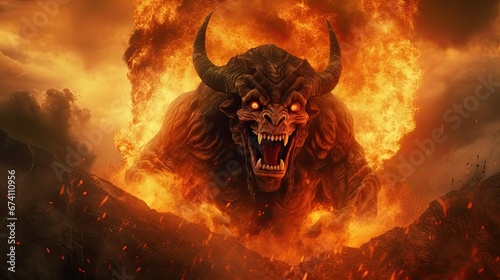 A giant bull jumps out of the fire. The creature from hell. A creepy character to create.