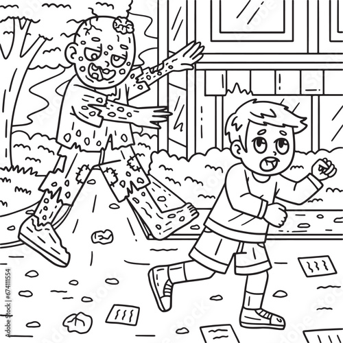 Zombie Chasing A Child Coloring Pages for Kids