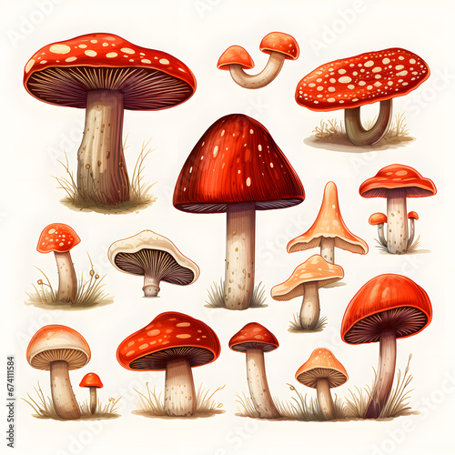 set of a variety of fungi mushrooms