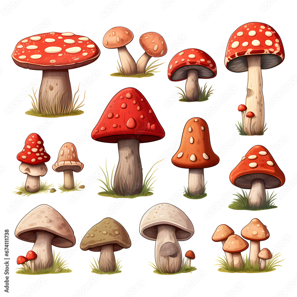 set of a variety of fungi mushrooms