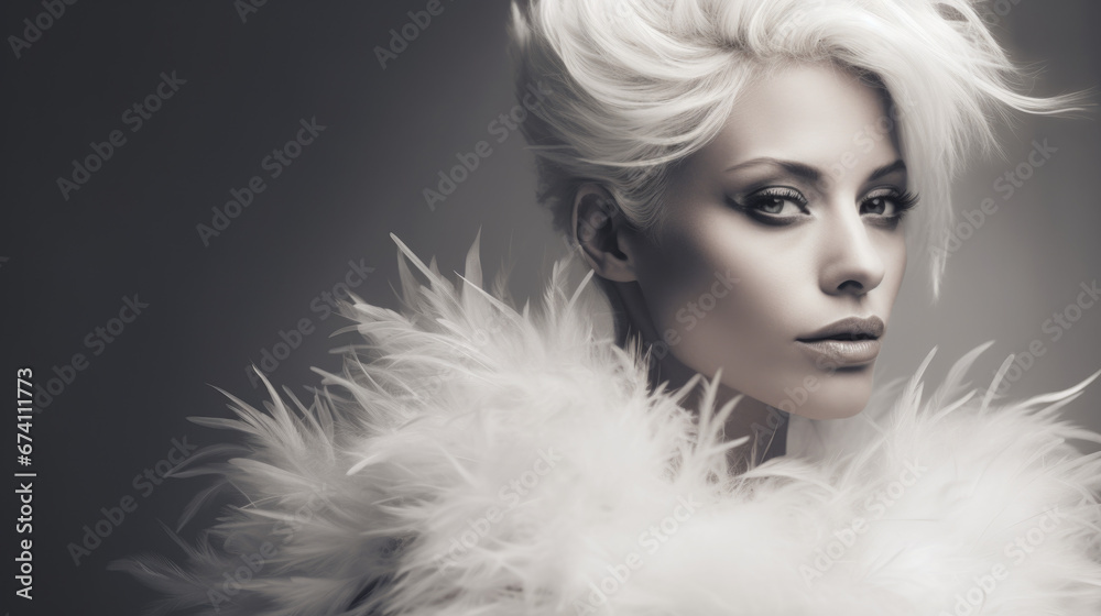 Fashion portrait of a young beautiful extreme blonde with a fashionable hairstyle wearing feather clothes. Fashion and beauty.