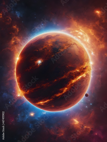 a planet surrounded by flames in the universe