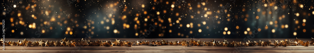 Horizontal holiday card with golden glowing stars on a wooden surface. Can be used as a banner, gift card for Happy New Year, Christmas, and other holidays. - obrazy, fototapety, plakaty 
