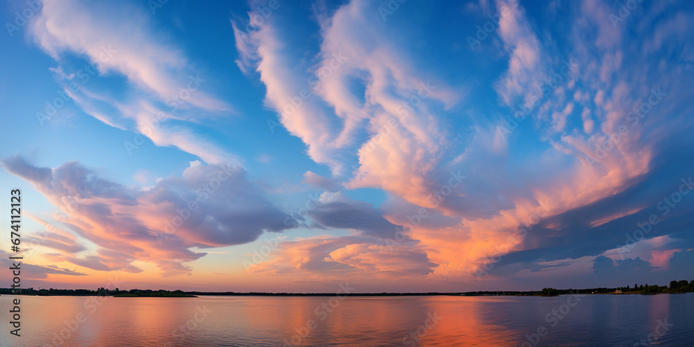 Fototapeta premium Dynamic skyscape, clouds forming shapes of mythical creatures, painted in acrylic, vibrant pastel palette
