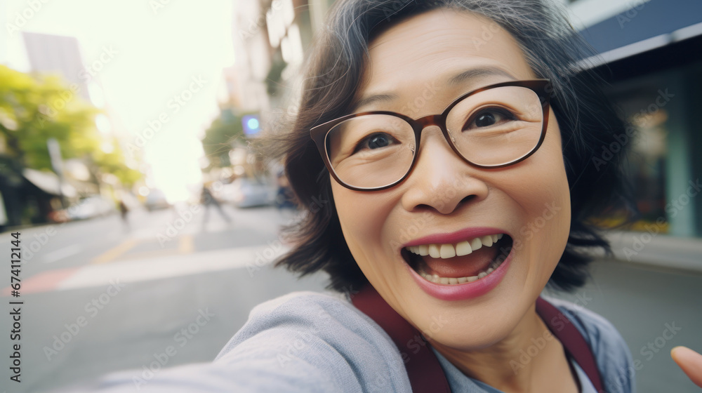 Closeup selfie portrait of happy smiling senior asian woman outdoors Closeup selfie portrait of happy smiling senior asian woman outdoors