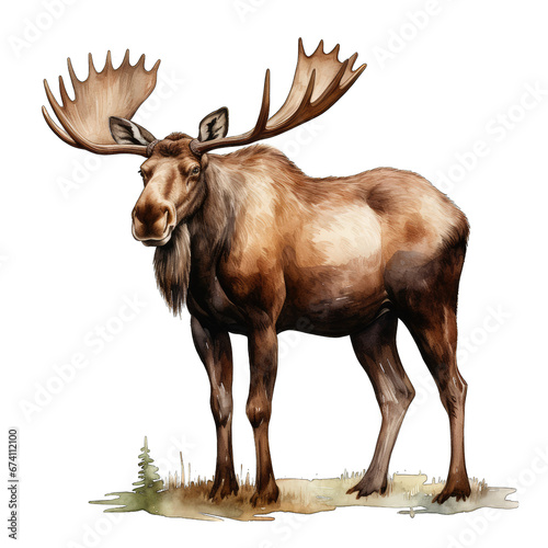 Moose, standing, isolated on transparent background. Watercolor illustration