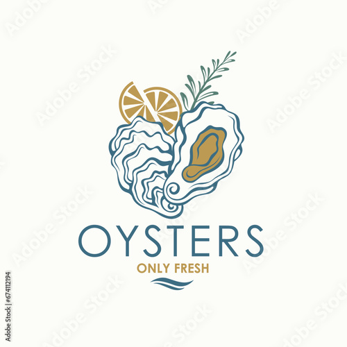 label of fresh oyster shell and lemon isolated on light background