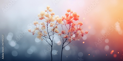 Friendship in an abstract floral setting  two trees intertwined  colorful leaves representing different personalities  dreamy pastel sky