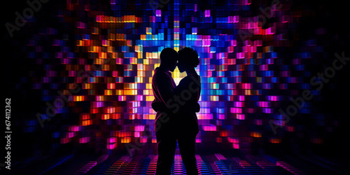 Friendship in the digital age, abstract pixel art of two avatars hugging, retro 8-bit style, glowing neon grid background