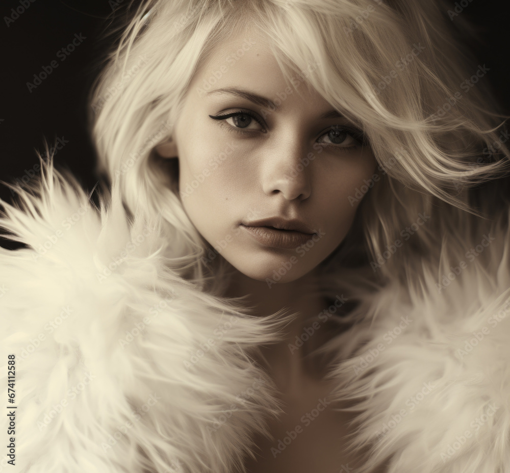 Fashion portrait of a young beautiful extreme blonde with a fashionable hairstyle wearing feather clothes. Fashion and beauty.