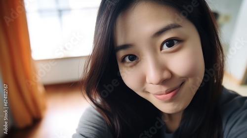 Portrait of wonderful ordinary asian young girl expressing energy in good day. Lovely woman making selfie at home closeup