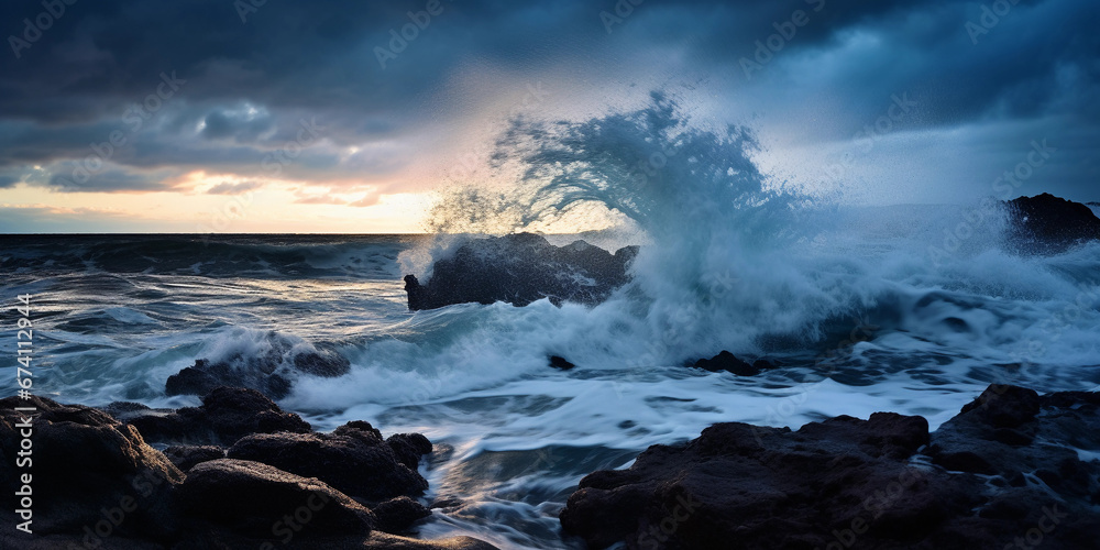 Ocean waves during a storm, cubist representation, fragmented and angular, extreme shutter speed for dramatic effect