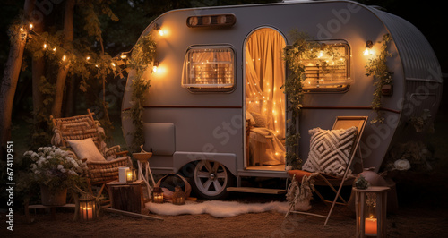 Living on the road Concept. Caravan Camping RV Area in the dreamy evening.