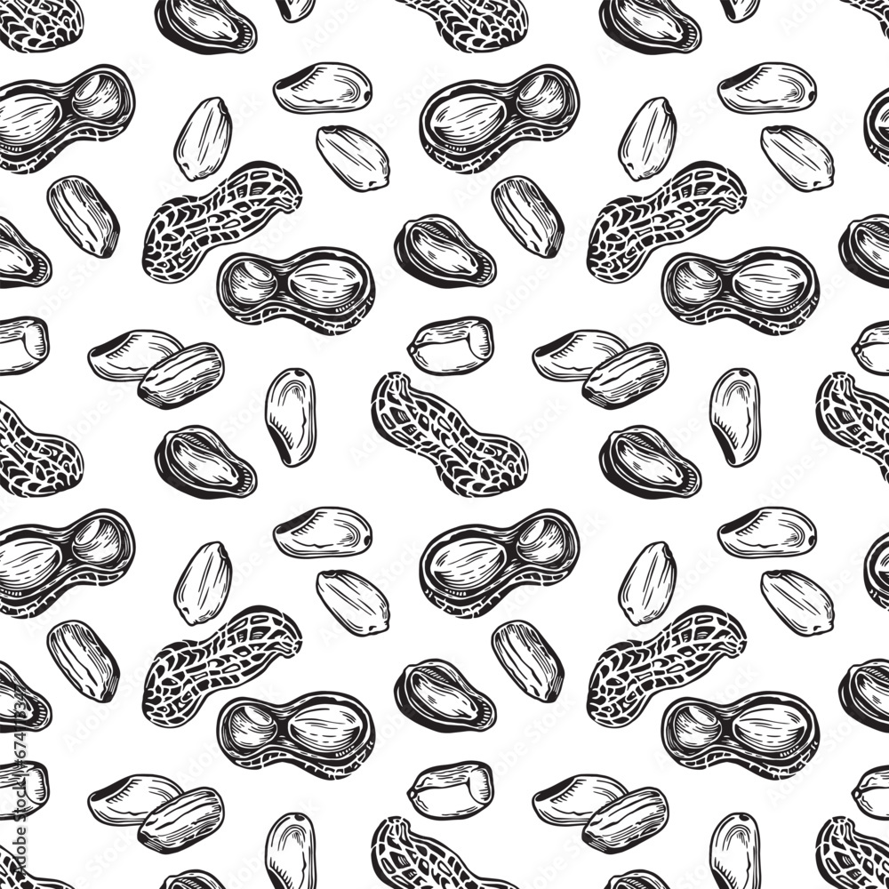 Seamless black and white pattern with peanuts. Square vector illustration. Seamless black and white pattern with peanuts. Square vector illustration.